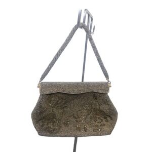 ANTIQUE‎ Vintage MICRO BEADED PURSE BAG GOLD FRAMED FLIP TOP HEAVY satin lining